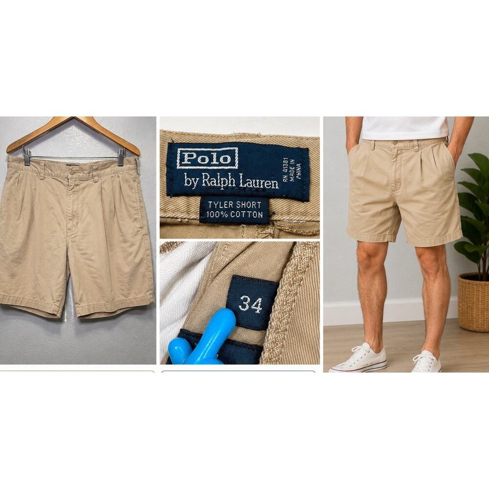 Polo Ralph Lauren Men's 34 Tyler Pleated Chino Shorts Khaki Beige Cotton VTG